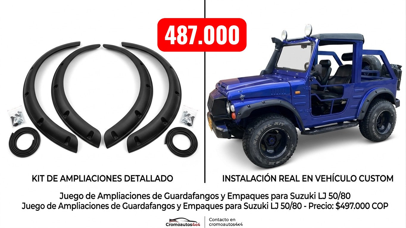 Ampliaciones de guardafangos negras AUTOS4X4RUSTIC en fibra de vidrio para Suzuki LJ 50 y 80 con empaques incluidos
