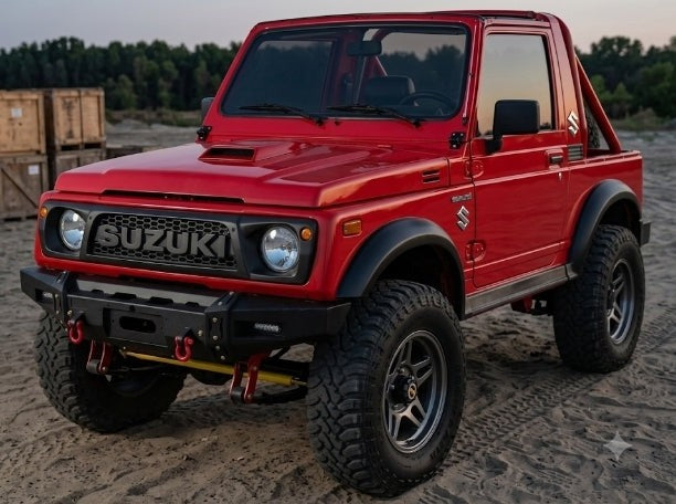 Persiana frontal negra mate AUTOS4X4RUSTIC con diseño tipo panal para Suzuki Samurai en terreno off-road
